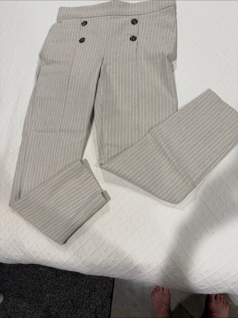 Women's Ankle-Cropped Pinstripe Pants in Light Beige